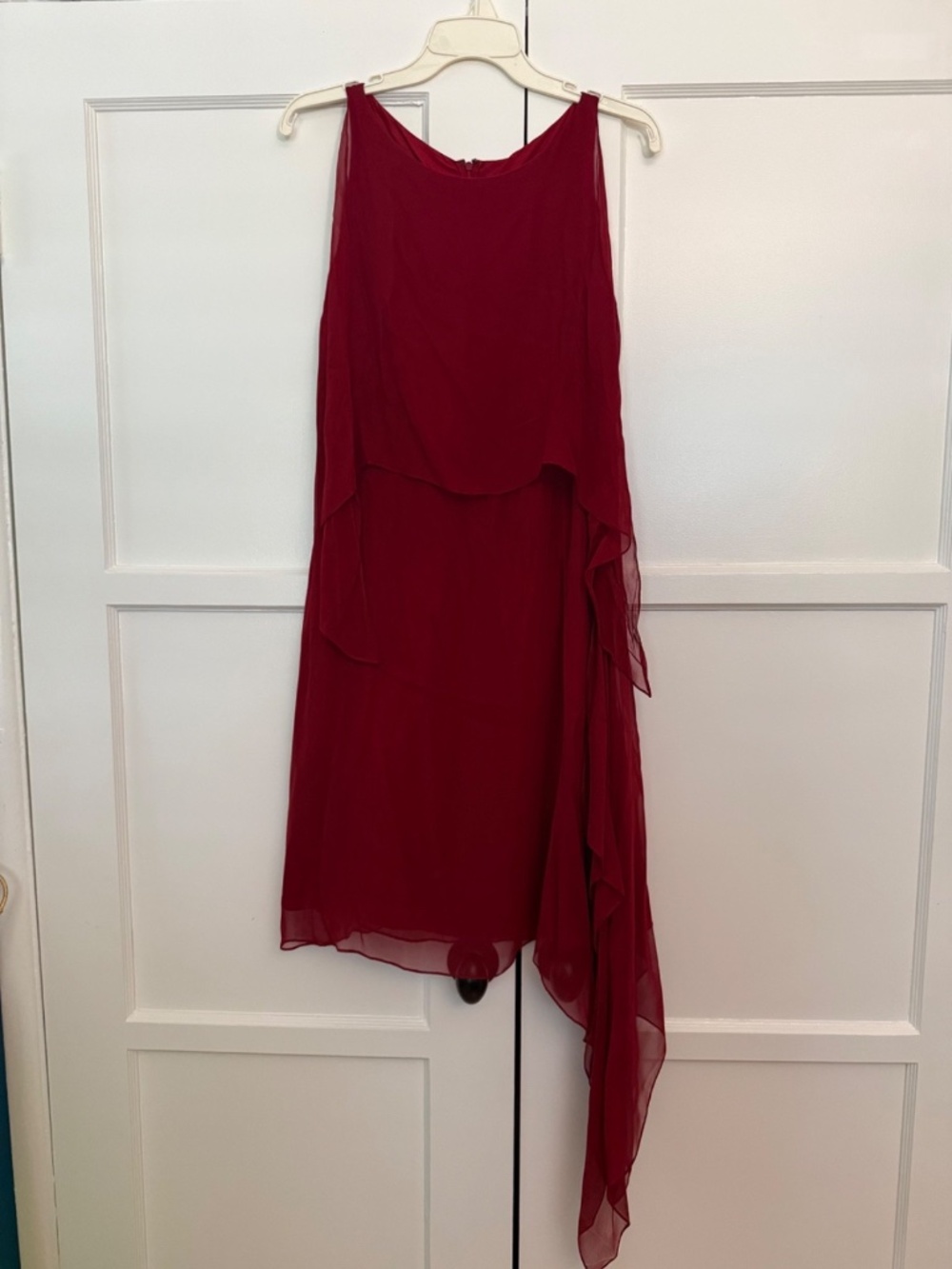 Morgan Le Fay Red Asymmetrical Cocktail Caelia Silk Dress with Shrug Size Small